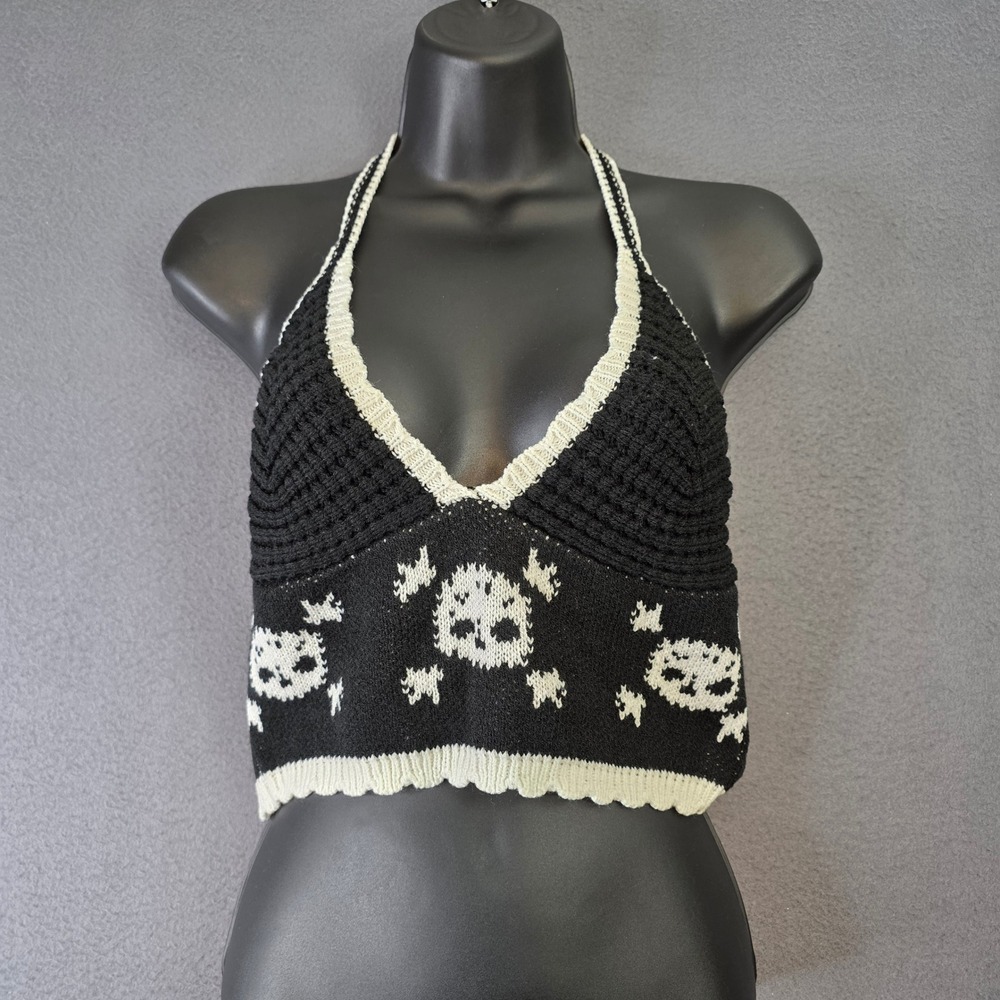 Black and White Skull Knit Halter Crop Top Small Lace Up Back Gothic Festival